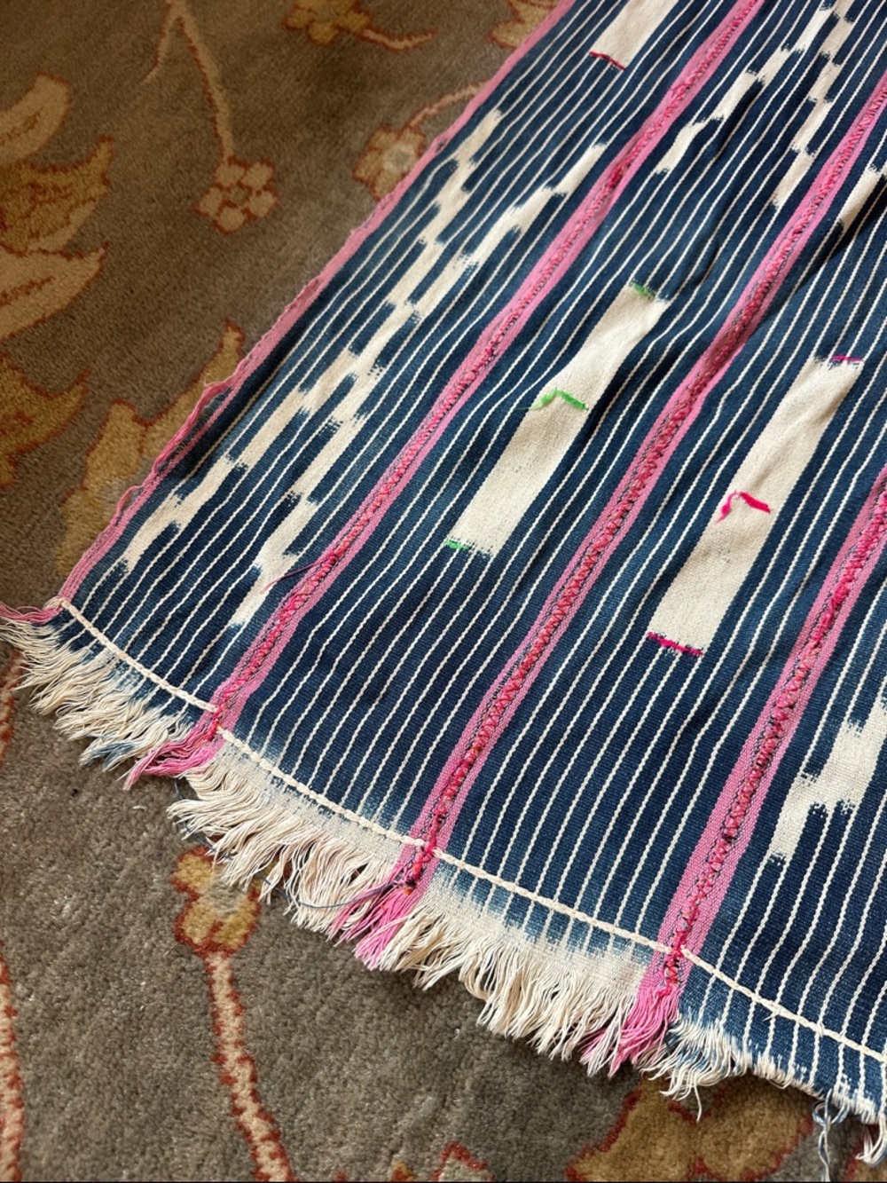 Blue & Pink Striped Ikat Handwoven MudCloth - Picture 3 of 5